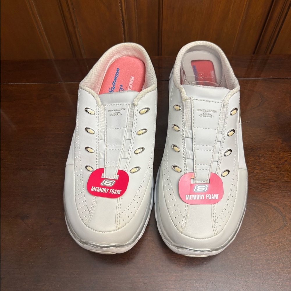 Skechers White Slip-On Shoes with Gold Accents